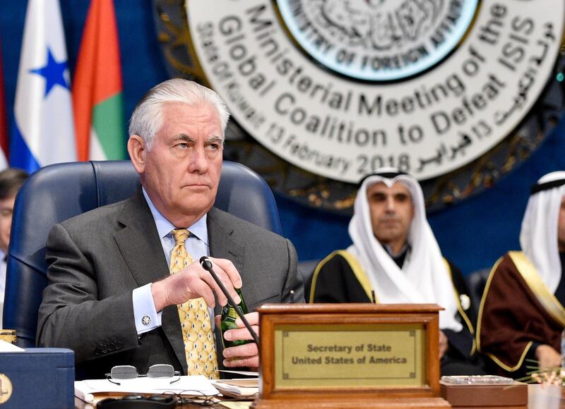 epa06520066 US Secretary of State Rex Tillerson attends the Ministerial Meeting of the Global Coalition to Defeat ISIS, the sidelines of Kuwait International Conference for the Reconstruction of Iraq, at Bayan Palace, in Kuwait City, Kuwait, 13 February 2018.  EPA/Noufal ibrahim