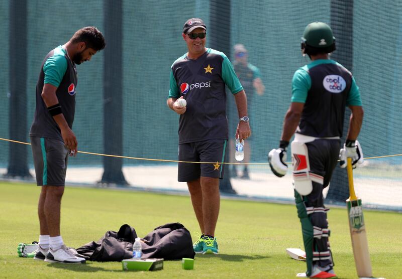 Dubai, United Arab Emirates - October 10th, 2017: Head coach of Pakistan Mickey Arthur (M) during training ahead of there one day series with Sri Lanka. Tuesday, October 10th, 2017 at ICC Cricket Academy, Dubai Sports City, Dubai. Chris Whiteoak / The National