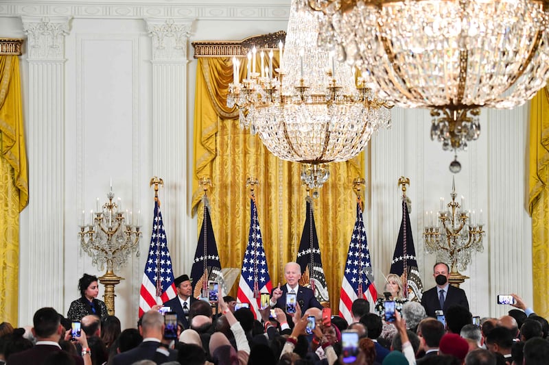 US President Joe Biden speaks during an Eid Al Fitr reception in the East Room of the White House in Washington. AFP