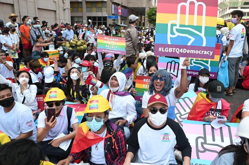 Members of the LGBTQ community protest against the military coup in Yangon. REUTERS