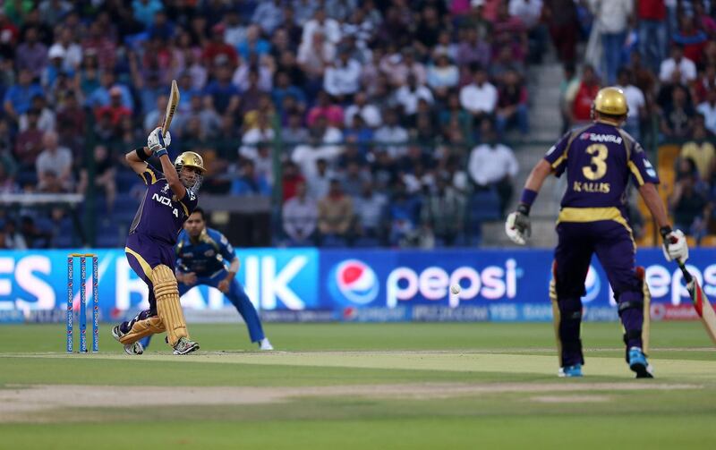 ABU DHABI , UNITED ARAB EMIRATES Ð April 16 , 2014 : Gautam Gambhir , Captain of KKR playing a shot during the IPL opening match between Mumbai Indians vs Kolkata Knight Riders at Zayed Cricket Stadium in Abu Dhabi. ( Pawan Singh / The National ) For Sports. Story by Osman