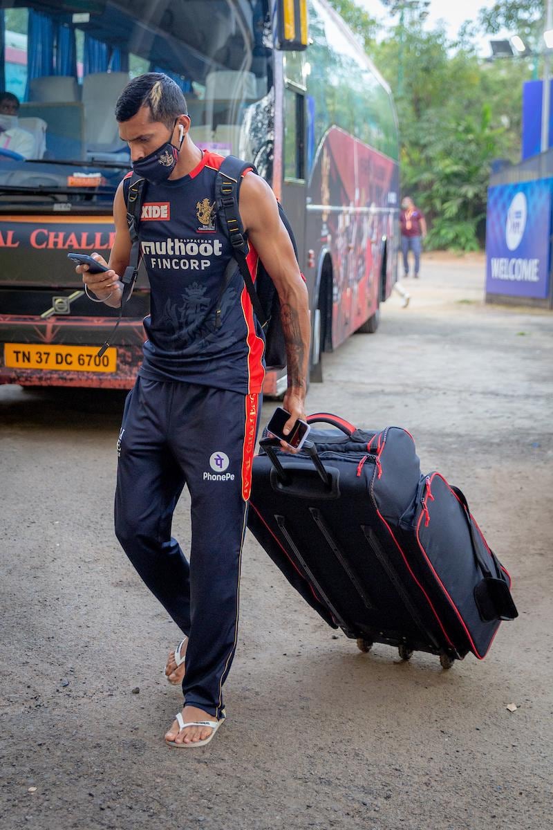 Navdeep Saini of Royal Challengers Bangalore arrives for the match 6 of the Vivo Indian Premier League 2021 between the Sunrisers Hyderabad and the Royal Challengers Bangalore held at the M. A. Chidambaram Stadium, Chennai on the 14th April 2021.

Photo by Sandeep Shetty / Sportzpics for IPL