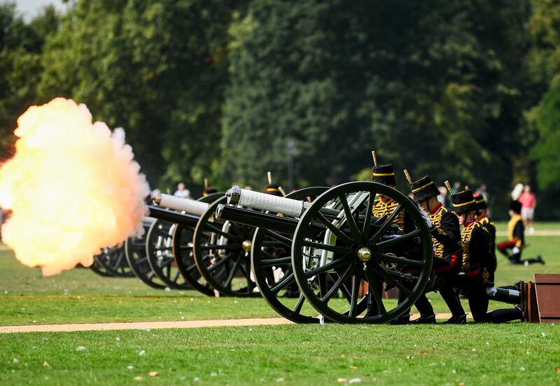 Members of the Honourable Artillery Company fire a gun salute in Hyde Park, London, to mark the first anniversary of Queen Elizabeth II's death and King Charles III's accession to the throne. Getty Images