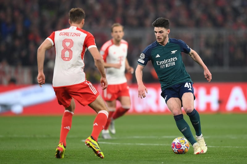 Declan Rice takes on Leon Goretzka during the match between Bayern and Arsenal. Getty Images