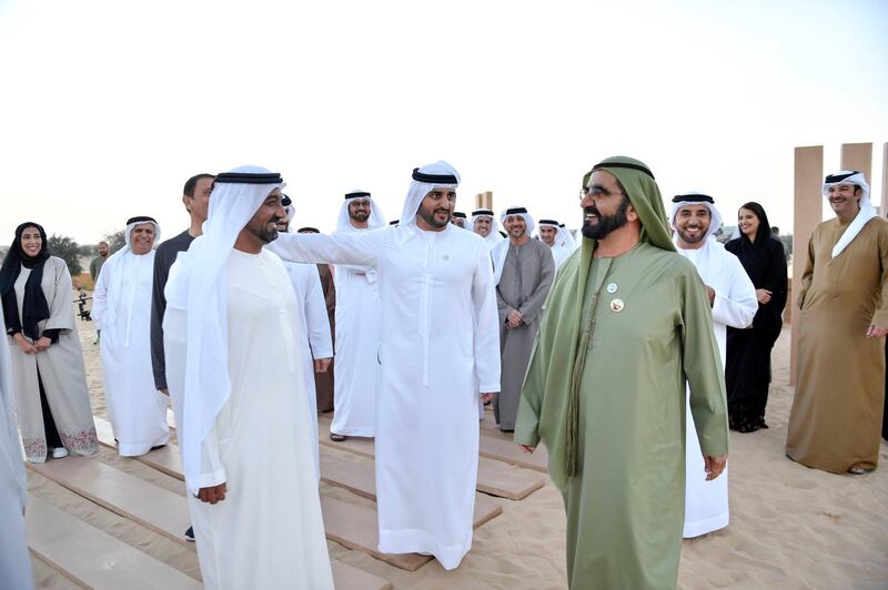 Sheikh Mohammed bin Rashid, Vice President and Ruler of Dubai, at Al Marmoom Reserve with Sheikh Maktoum bin Mohammed bin Rashid, Deputy Ruler of Dubai; and Sheikh Ahmed bin Saeed Al Maktoum (left) Chairman of Dubai Civil Aviation Authority and Chief Executive of Emirates Group. Wam