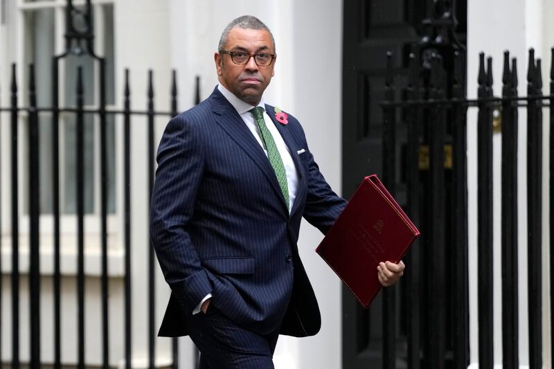 Britain's Foreign Secretary James Cleverly arrives in Downing Street to attend a Cabinet meeting in London. AP
