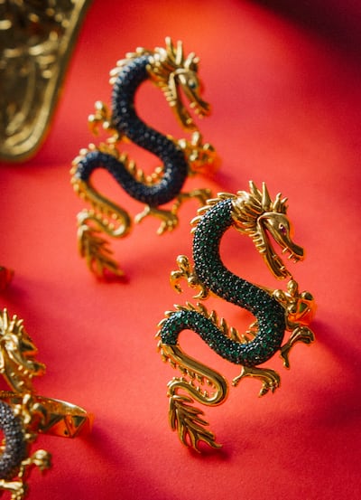 Dragon earrings crafted in 24K gold-plated bronze encrusted with crystals by Begum Khan. Photo: Begum Khan