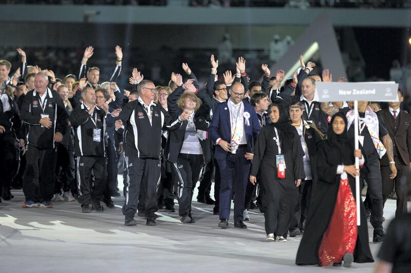 ABU DHABI, UNITED ARAB EMIRATES - March 14, 2019: Athletes from New Zealand participate in the opening ceremony of the Special Olympics World Games Abu Dhabi 2019, at Zayed Sports City. 

( Mohamed Al Baloushi for the Ministry of Presidential Affairs )
---