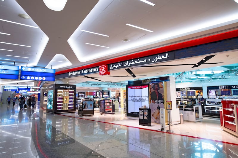 A perfume and cosmetics shop in Concourse A of Dubai International Airport. Perfumes remained Dubai Duty Free's best-selling category in 2023, with sales of about $374 million, contributing 17 per cent of the total figure. Photo: Dubai Duty Free