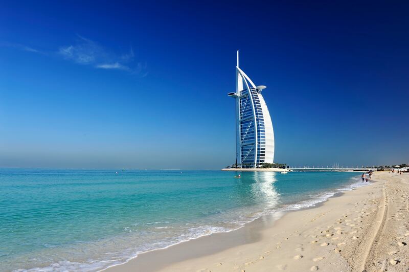 The Burj Al Arab, as seen from Al Sufouh public beach in Dubai. Alamy