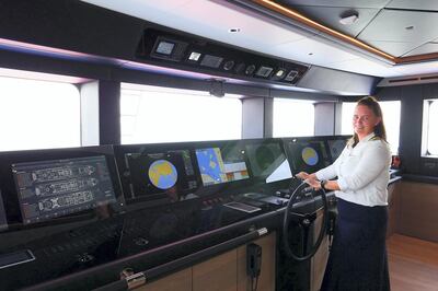 Patricia Caswell, the only female boat captain in the UAE, one of only a few hundred worldwide at the Gulf Craft in Umm Al Quwain on April 28,2021. Pawan Singh / The National