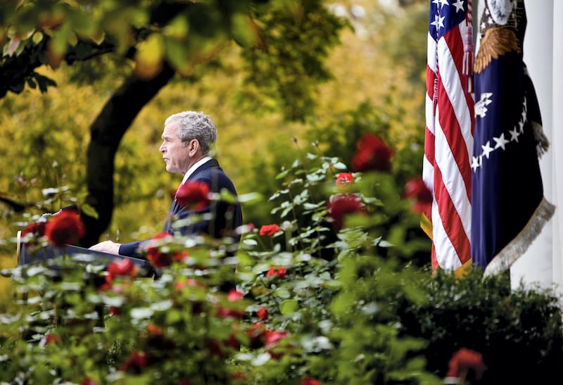 UNITED STATES - NOVEMBER 05:  U.S. President George W. Bush makes a statement from the Rose Garden of the White House in Washington, D.C., U.S., on Wednesday, Nov. 5, 2008. Bush said the election of Barack Obama as president of the U.S. is a ``dream fulfilled'' for the civil rights movement and a victory for all Americans.  (Photo by Joshua Roberts/Bloomberg via Getty Images)