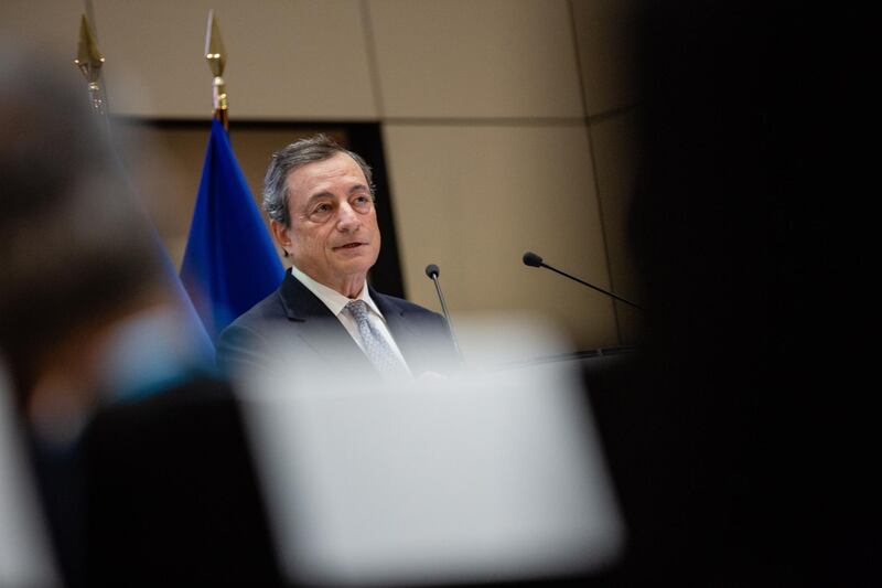 Mario Draghi, president of the European Central Bank (ECB), speaks at the French central bank’s financial supervision conference at the new Prudential Supervisory Authority and Resolution (ACPR) building in Paris, France, on Tuesday, Sept. 18, 2018. “Progress in completing the banking union – namely, first harmonizing options and discretions, completing resolution, and laying the groundwork for the creation of an effective deposit insurance -- is essential,” Draghi said in Paris. Photographer: Marlene Awaad/Bloomberg