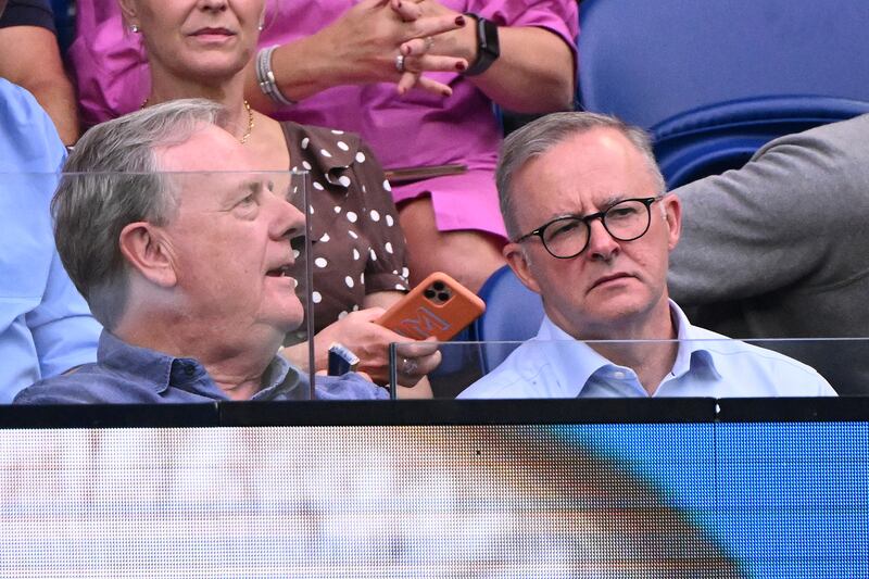 Former Treasurer of Australia Peter Costello and Australian Prime Minister Anthony Albanese, right. Getty