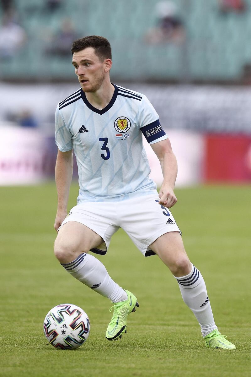 Scotland defender Andy Robertson controls the ball during the friendly football match between Luxembourg and Scotland at the Josy Barthel Stadium in Luxembourg on June 6, 2021, in preparation for the UEFA 2020 European Championships. (Photo by JOHN THYS / AFP)