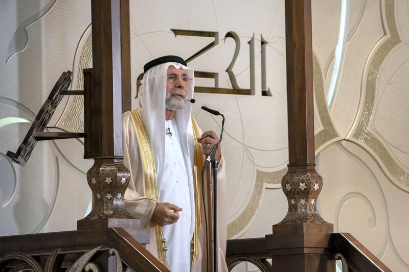 ABU DHABI, UNITED ARAB EMIRATES - June 14, 2019: HE Dr Farouq Hammada, Islamic Consultant for the Crown Prince Court of Abu Dhabi, delivers a sermon during Friday prayers at the Sheikh Zayed Grand Mosque.

( Hamad Al Kaabi / Ministry of Presidential Affairs )​
---
