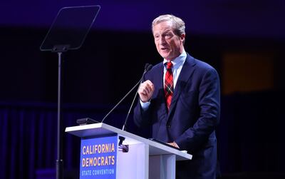 (FILES) In this file photo taken on June 1, 2019 US philanthropist Tom Steyer speaks on stage during the 2019 California Democratic Party State Convention at Moscone Center in San Francisco, California. Billionaire environmental activist Tom Steyer launched an underdog 2020 presidential bid on July 9, 2019, reversing his decision from months ago to  focus instead on pressing the case to impeach incumbent Donald Trump."My name's Tom Steyer and I'm running for president," the Democratic philanthropist and former hedge fund manager said in a video announcing his candidacy.
 / AFP / Josh Edelson
