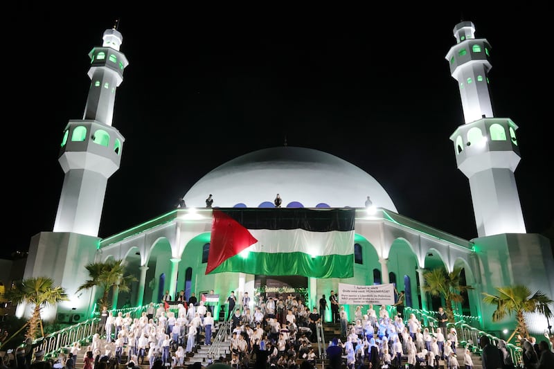 Muslims gather to celebrate the beginning of Ramadan at the Omar Ibn Al-Khatab Mosque, in Foz do Iguacu, Brazil. EPA 