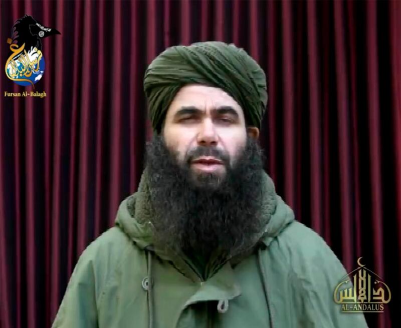 In this photo taken from video is Abdelmalek Droukdel. The French military and allied forces in Mali killed the longtime leader of al-Qaida's North African arm, who commanded jihadists in his native Algeria and then spread their movement across Africa's Sahel region, France's defense minister said Friday, June 5, 2020. Abdelmalek Droukdel, known as the emir of al-Qaida in the Islamic Maghreb, was killed in an operation Wednesday, June 3, in northern Mali along with several people in his entourage, Defense Minister Florence Parly tweeted. (Militant video via AP)