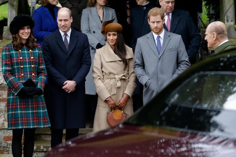 From left, Kate, Duchess of Cambridge, Prince William, Meghan Markle, Prince Harry and Prince Philip arrive to the traditional Christmas Days service, at St. Mary Magdalene Church in Sandringham, England. Alastair Grant / AP photo