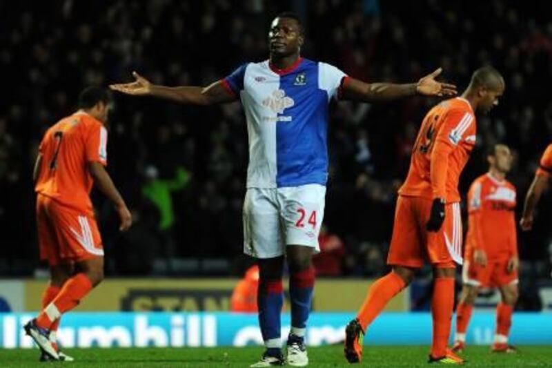 BLACKBURN, ENGLAND - DECEMBER 03:  Yakubu of Blackburn Rovers celebrates scoring his fourth goal during the Barclays Premier League match between Blackburn Rovers and Swansea City at Ewood Park on December 3, 2011 in Blackburn, England.  (Photo by Chris Brunskill/Getty Images) *** Local Caption ***  134635525.jpg