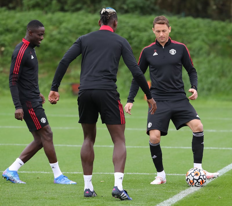 Eric Bailly, Nemanja Matic, Paul Pogba of Manchester United in action during a first team training session at Carrington Training Ground.