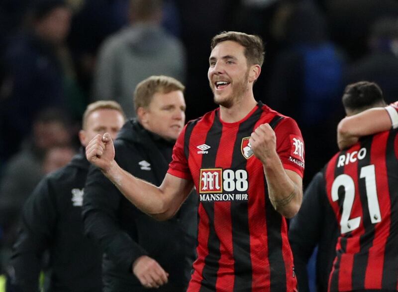 Soccer Football - Premier League - Chelsea v AFC Bournemouth - Stamford Bridge, London, Britain - December 14, 2019  Bournemouth's Dan Gosling celebrates after the match                      REUTERS/David Klein  EDITORIAL USE ONLY. No use with unauthorized audio, video, data, fixture lists, club/league logos or "live" services. Online in-match use limited to 75 images, no video emulation. No use in betting, games or single club/league/player publications.  Please contact your account representative for further details.
