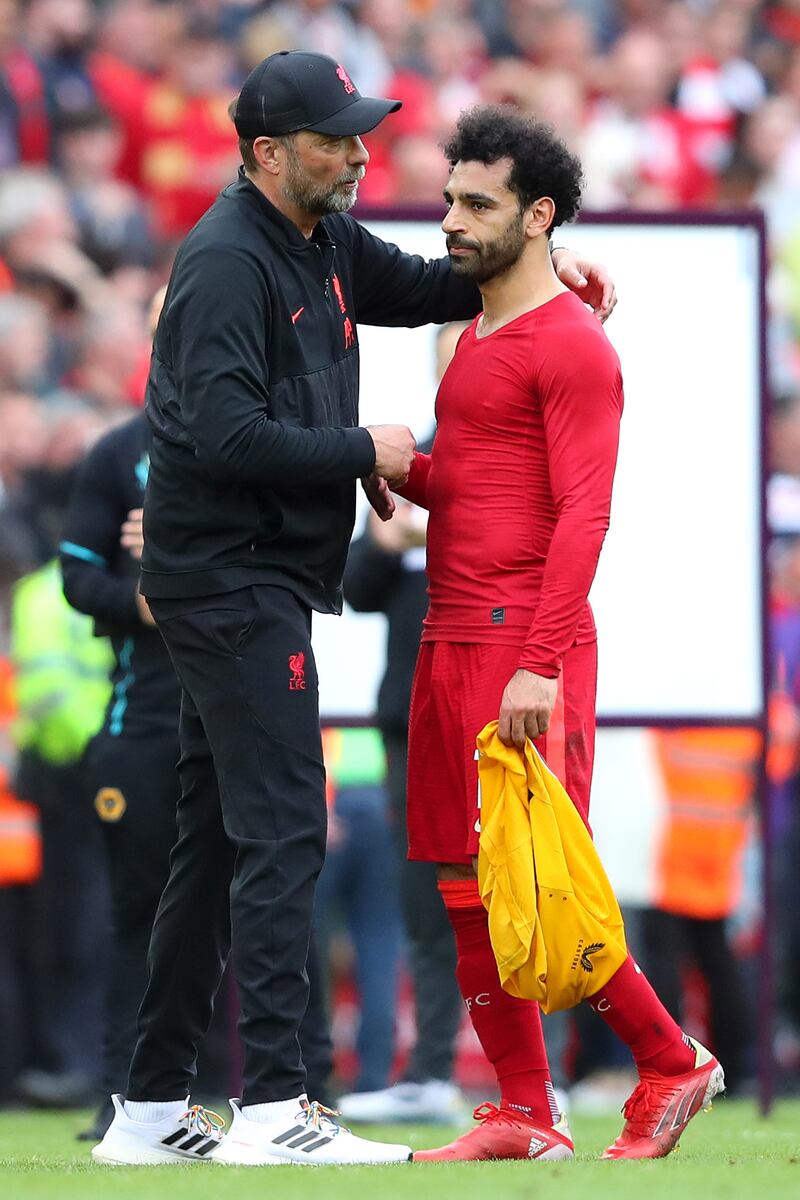 Jurgen Klopp, manager of Liverpool, and Mohamed Salah at the end of the match. Getty