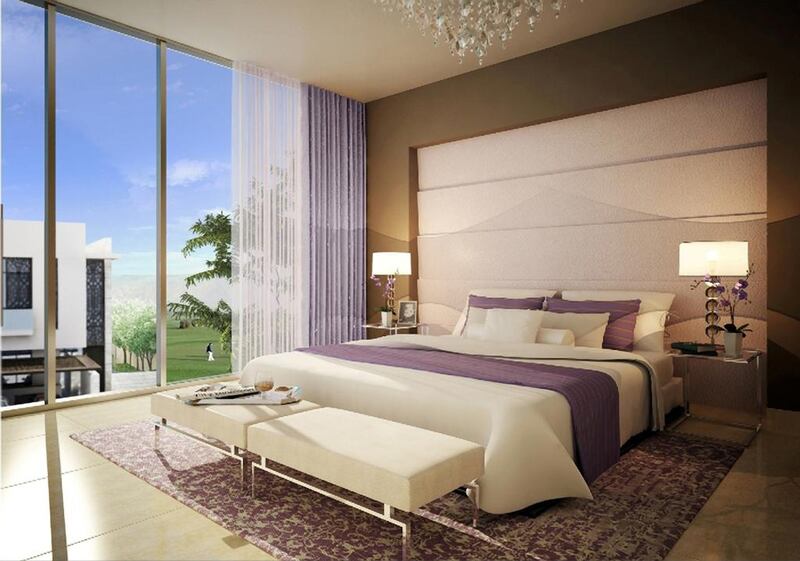 A rendering of a master bedroom in a townhouse in the Akoya development. Courtesy Damac