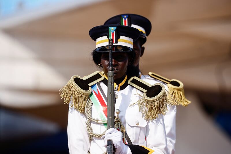 Honour guards at the welcome ceremony for Pope Francis in Juba, South Sudan. Reuters