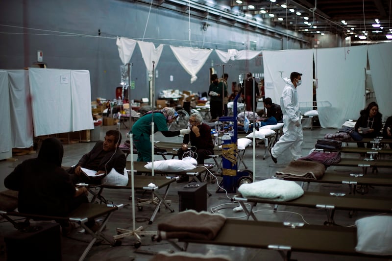 A makeshift hospital set up at Turkish Bayraktar warship anchored near Iskenderun city, southern Turkey. AP