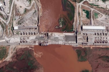 A  satellite image of the Grand Ethiopian Renaissance Dam across the Blue Nile, in the Benishangul-Gumuz region of Ethiopia. AP