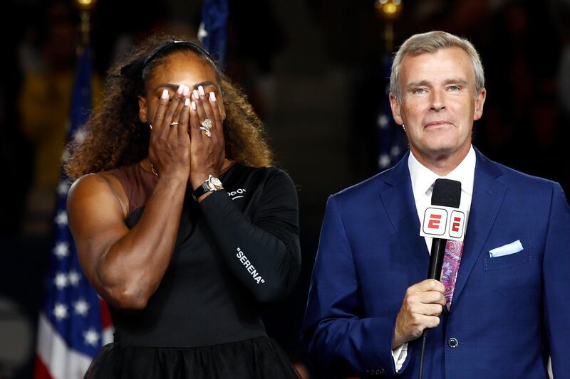 Serena Williams reacts while being interviewed after her defeat in the US Open final. Getty