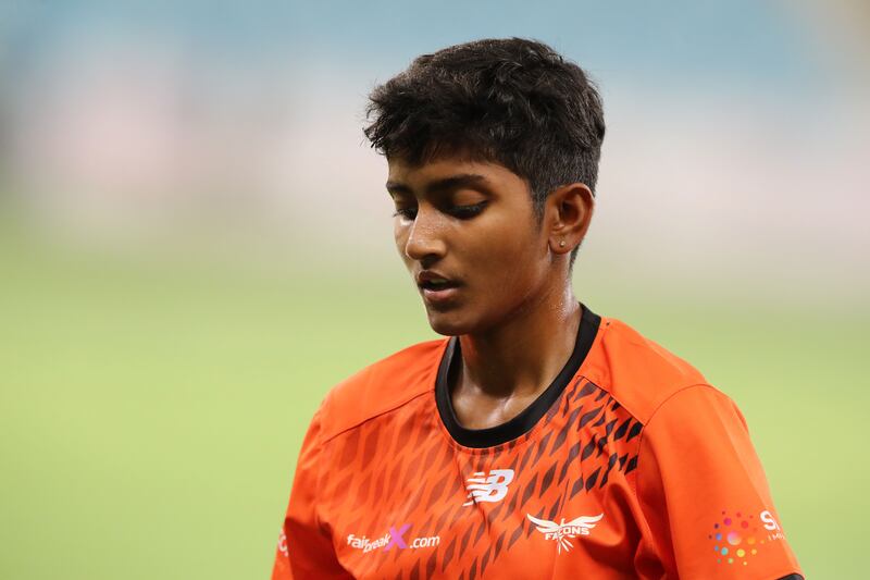 Falcons and UAE international Theertha Satish walks off after losing her wicket.