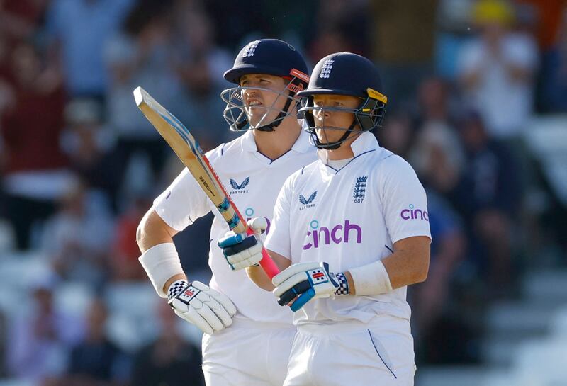 England's Ollie Pope celebrates reaching his half century in the second Test against New Zealand at Trent Bridge. Action Images