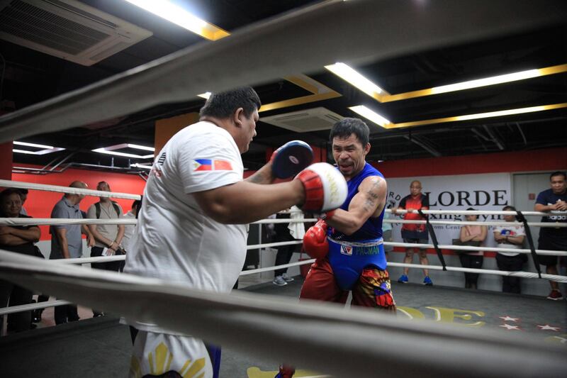 Eight-division boxing champion and Philippine Senator Manny Pacquiao trains for his upcoming fight against Adrien Broner at the Elorde Boxing Gym in Pasay City, Metro Manila.