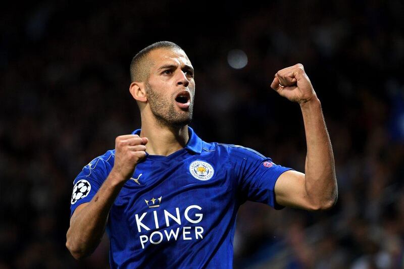 Islam Slimani of Leicester City celebrates as he scores their first goal. Shaun Botterill / Getty Images