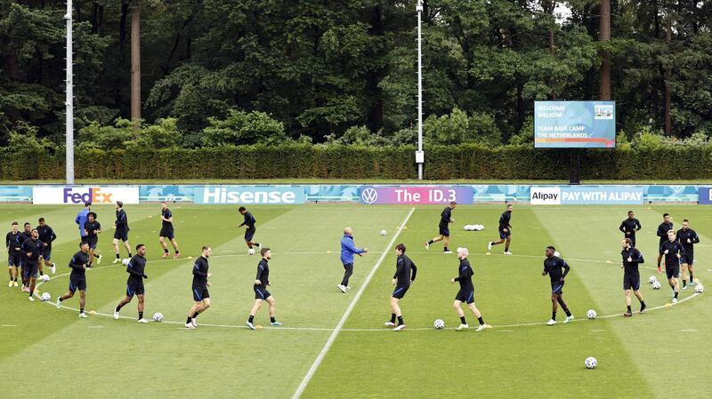 Netherlands players take part in a training session in Zeist. EPA