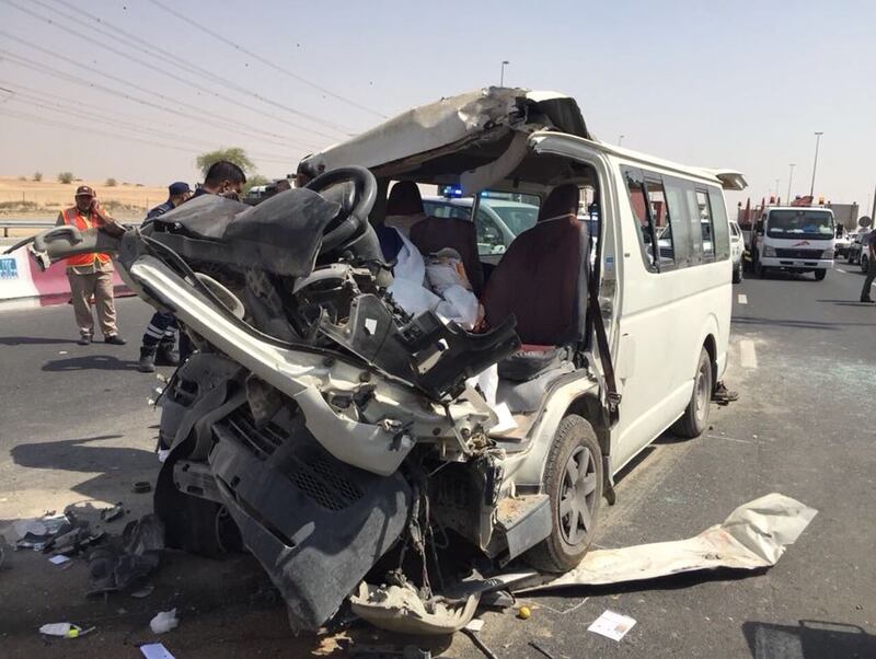 This accident in 2018 left three people dead when a minibus collided with the back of a lorry. Such accidents continue to cost lives. Photo: Dubai Police
