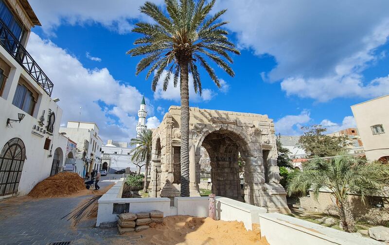 An infrastructure restoration project near the Roman Arch of Marcus Aurelius and Gurgi Mosque in Libyan capital Tripoli's Old City. AFP