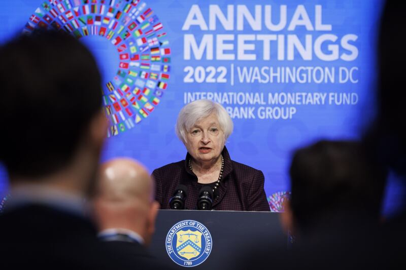 US Treasury Secretary Janet Yellen addresses a news conference during the annual meetings of the International Monetary Fund and World Bank Group in Washington. Bloomberg