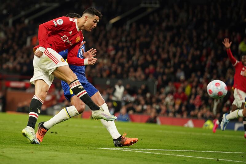 Manchester United's Cristiano Ronaldo scores against Chelsea in the Premier League match at Old Trafford in April, 2022. AP