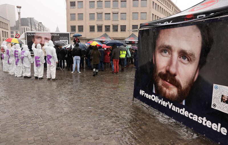 A rally in Brussels last month to demand the release of Olivier Vandecasteele, held by Tehran since February. AFP