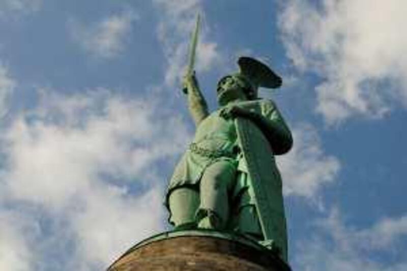 53-metre high monument to Arminius, or Hermann, near the northwestern town of Detmold. The statue holding its seven-metre sword in the air and staring ominously towards France was erected in the 19th century became a rallying point for nationalists. Photo taken by David Crossland on July 30, 2009 to accompany article on Battle of Teutoburg Forest..
 *** Local Caption ***  Hermann Monument in Detmold, Germany.jpg