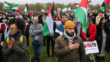 Protesters gather in Hyde Park in solidarity with Palestine on April 27 in London, England.  Getty Images
