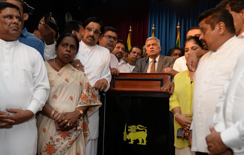 Sri Lanka's Prime Minister Ranil Wickremesinghe addresses his supporters and the party members after assuming duties in Colombo, Sri Lanka December 16, 2018. REUTERS/Stringer NO RESALES. NO ARCHIVES