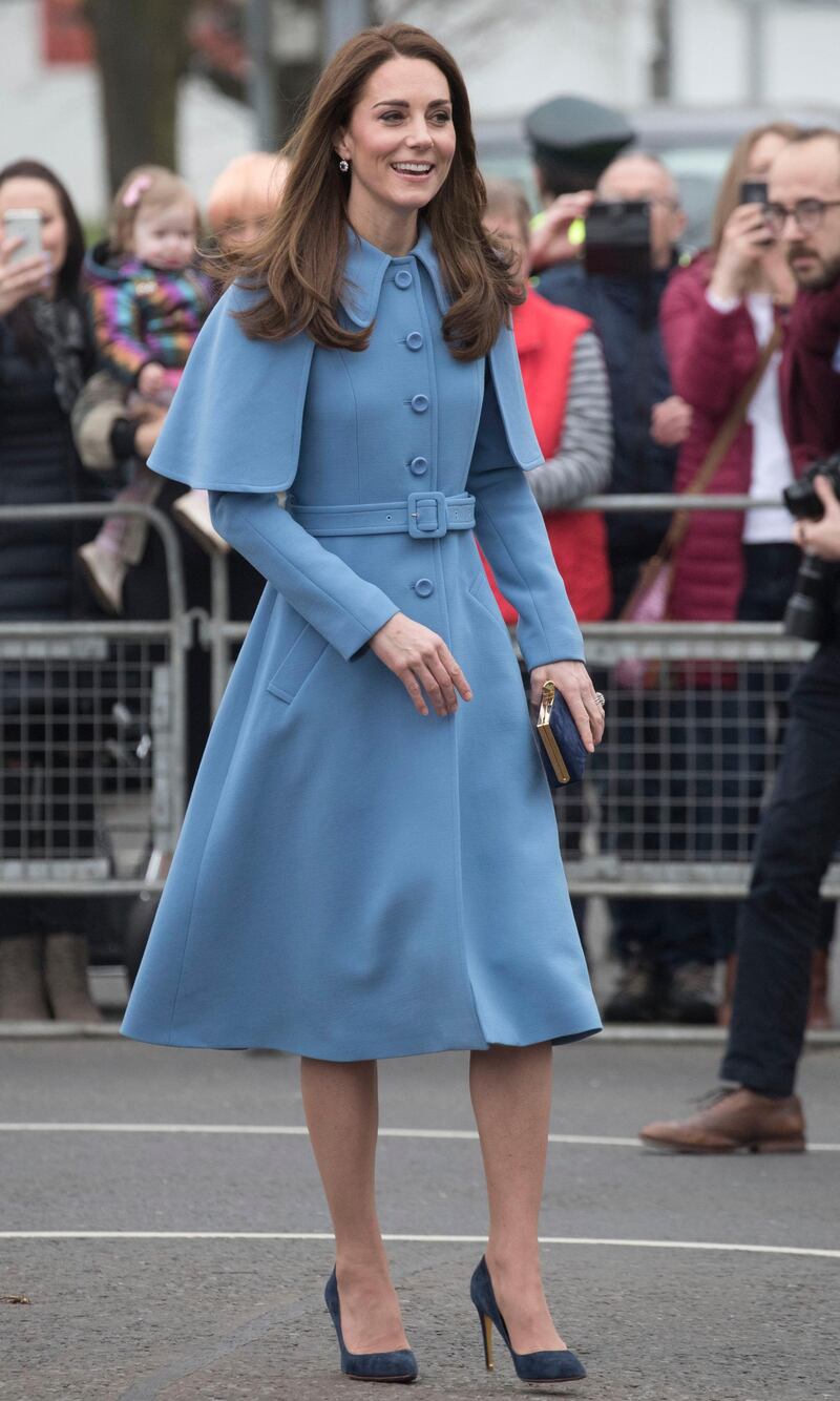 BALLYMENA, NORTHERN IRELAND - FEBRUARY 28: Catherine, Duchess of Cambridge engages in a walkabout in Ballymena town centre on February 28, 2019 in Ballymena, Northern Ireland. Prince William last visited Belfast in October 2017 without his wife, Catherine, Duchess of Cambridge, who was then pregnant with the couple's third child.  This time they concentrate on the young people of Northern Ireland. Their engagements include a visit to Windsor Park Stadium, home of the Irish Football Association, activities at the Roscor Youth Village in Fermanagh, a party at the Belfast Empire Hall, Cinemagic, a charity that uses film, television and digital technologies to inspire young people and finally dropping in on a SureStart early years programme. (Photo by Stephen Lock - Pool/Getty Images)