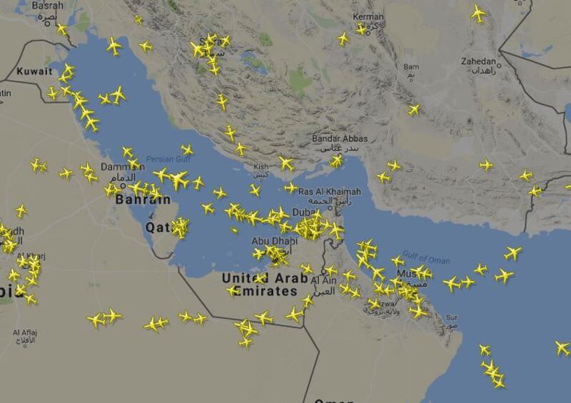 A screengrab from flightradar24.com of air traffic in the Arabian Gulf at 12.30 pm on October 18. Flight Radar