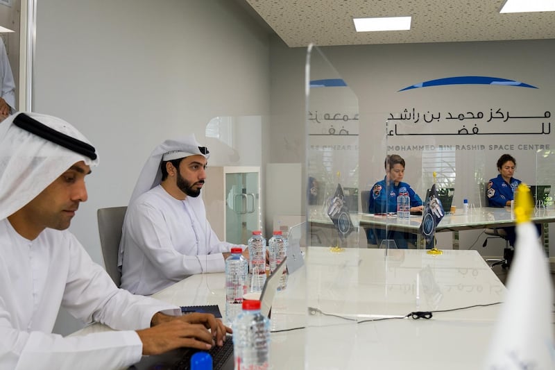 The names of the new astronauts will be announced in January. Here, Salem Al Marri (left), head of UAE astronaut programme, and Saeed Karmostaji, part of the UAE astronaut selection committee, take part in the interview round. Courtesy: Mbrsc