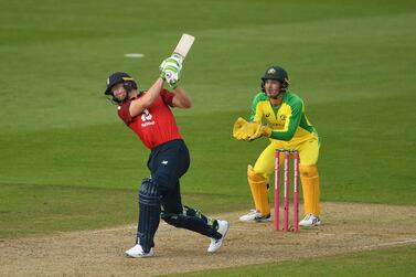 Jos Buttler of England hits a six against Australia during the second T20 at The Ageas Bowl in Southampton. Getty